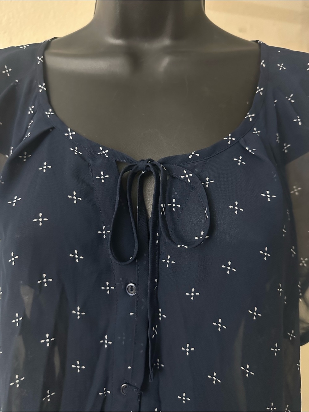 Women's Navy Tie-Neck Blouse with Micro Dot Print